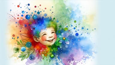 A watercolor painting of a smiling child surrounded by a spectrum of vibrant color splashes and bubbles, symbolizing joy and the blossoming of potential through therapeutic intervention in autism.
