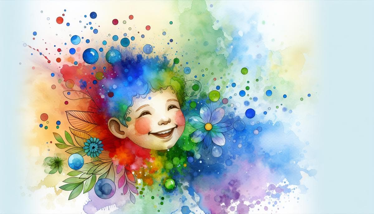 A watercolor painting of a smiling child surrounded by a spectrum of vibrant color splashes and bubbles, symbolizing joy and the blossoming of potential through therapeutic intervention in autism.
