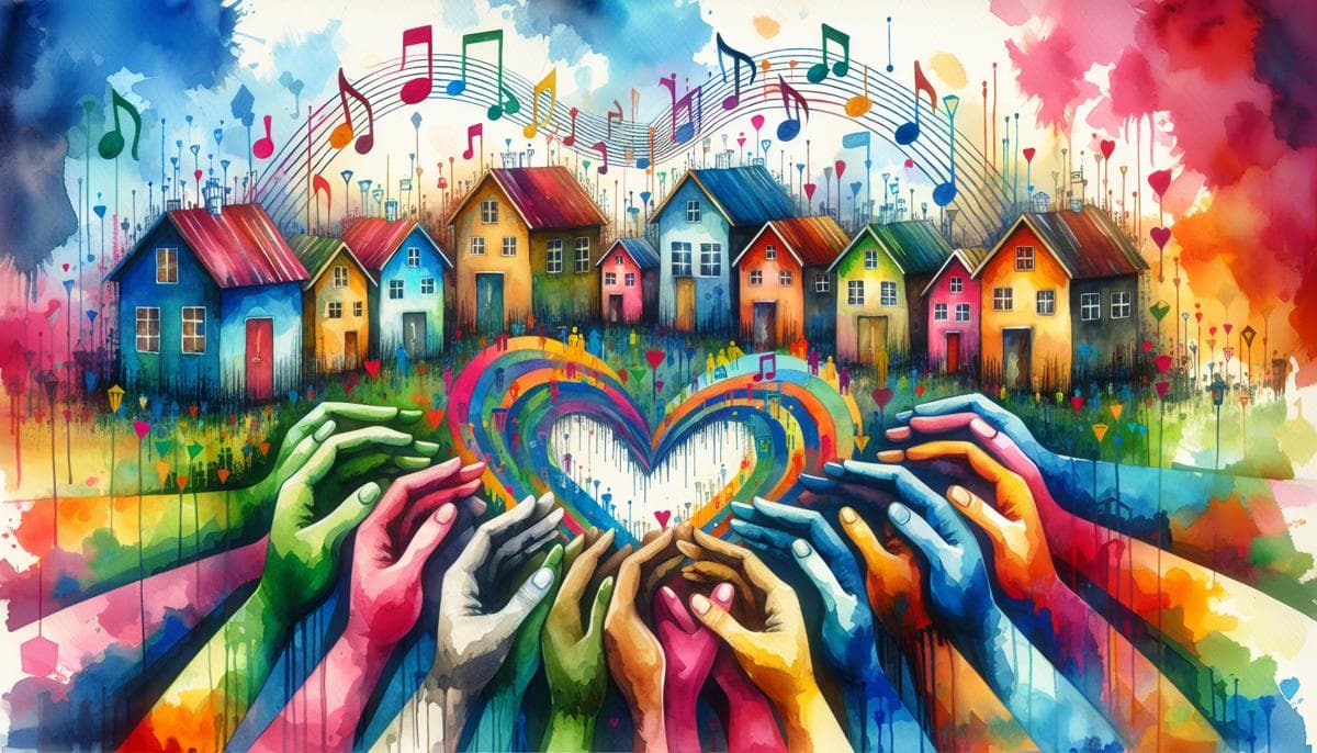Vibrant watercolor portrays diverse, colorful hands uniting to form a heart. Set within a backdrop of homes representing community, these interlocked hands symbolize unity and collaboration in creating inclusive housing for those with special needs.