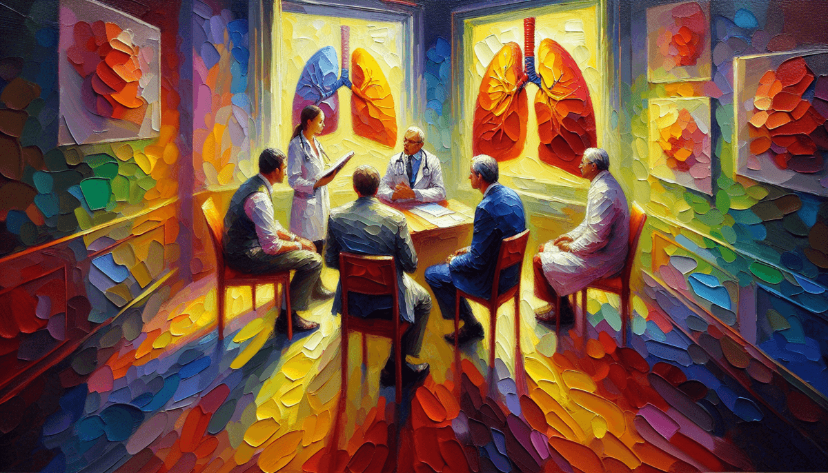 A colorful painting depicts a group of people gathered in a room, discussing respiratory health conditions.